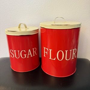 Vintage Beautiful set of 2 red and white metal food canisters for Flour & Sugar
